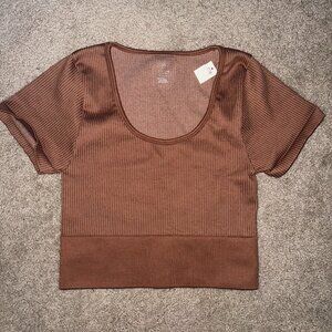 NWT - Offline by Aerie Ribbed Scoop Neck Crop Top Brown Large New with Tags
